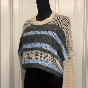 Blue and grey striped knit sweater with a relaxed fit - Size S